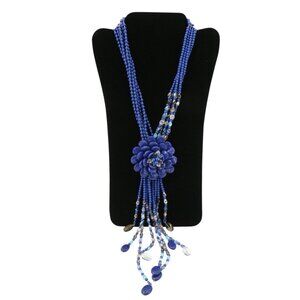 New Joan Rivers Starlet Style Beaded Flower Cluster Fringe Lapis Blue Necklace
